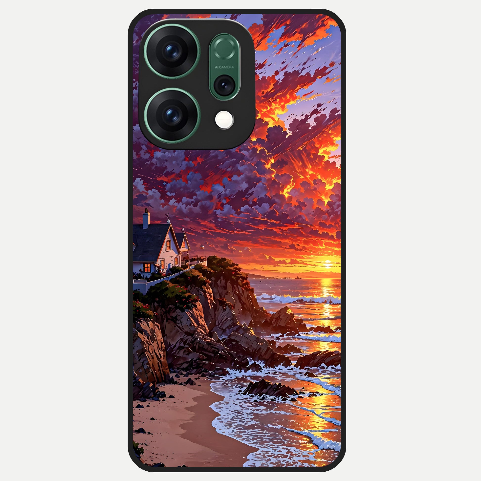  Sunset House By Sea Glass Case For Oppo Reno 14 back cover – full design glossy printed glass finish