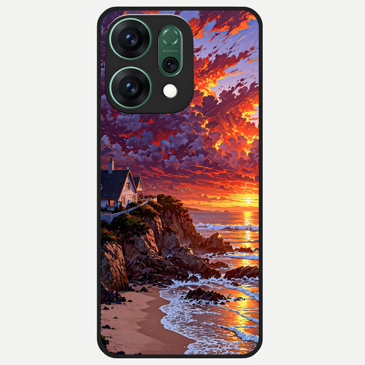  Sunset House By Sea Glass Case For Oppo Reno 14 back cover – full design glossy printed glass finish