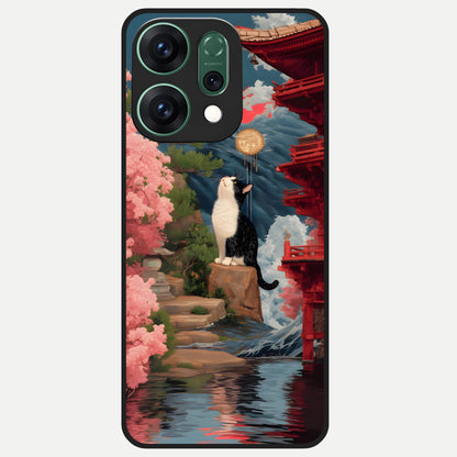  Temple Cat Scenery Glass Case For Oppo Reno 14 back cover – full design glossy printed glass finish