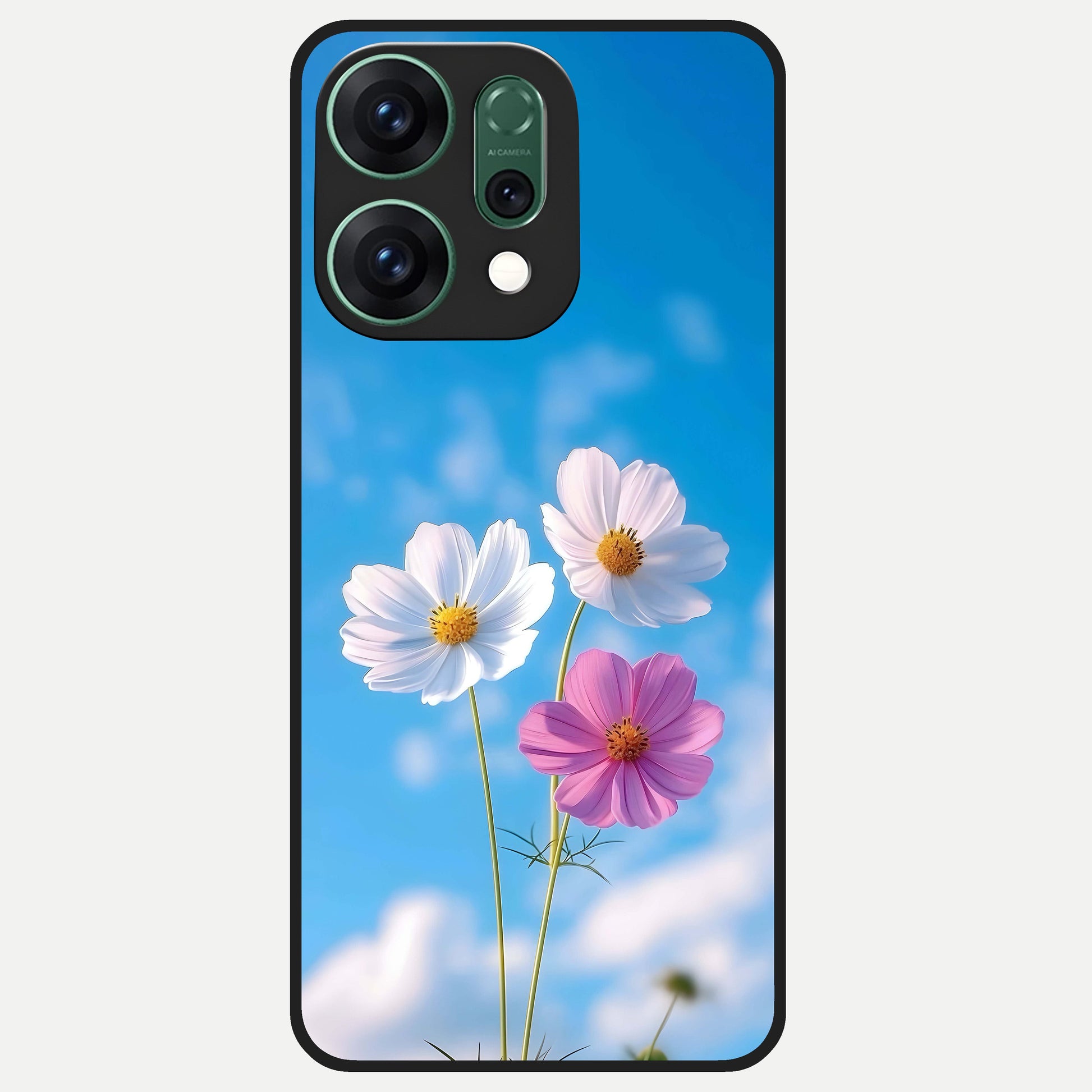  Tripple Flowers With Sky Glass Case For Oppo Reno 14 back cover – full design glossy printed glass finish