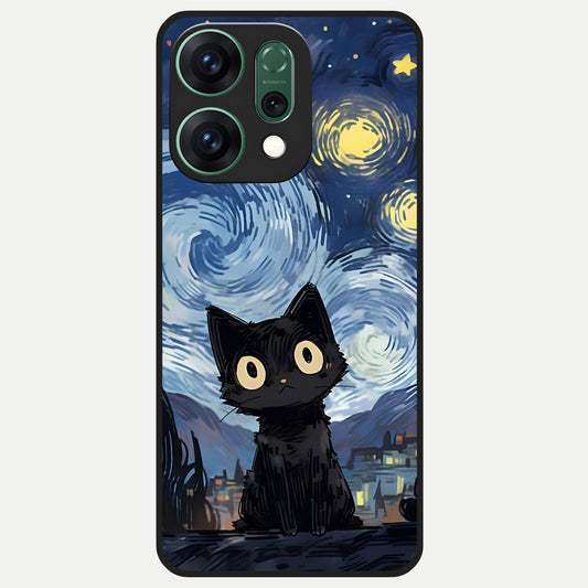  Van Gogh Cat Glass Case For Oppo Reno 14 back cover – full design glossy printed glass finish
