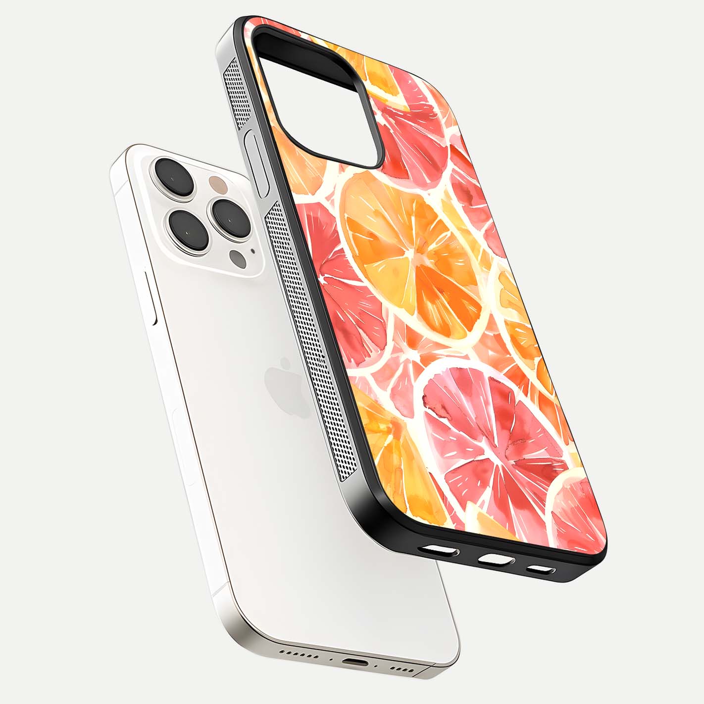 Orange Fruits Pattern Glass Case for iPhone 15 Pro Max floating dual-view mockup showing gloss reflection and HD tone