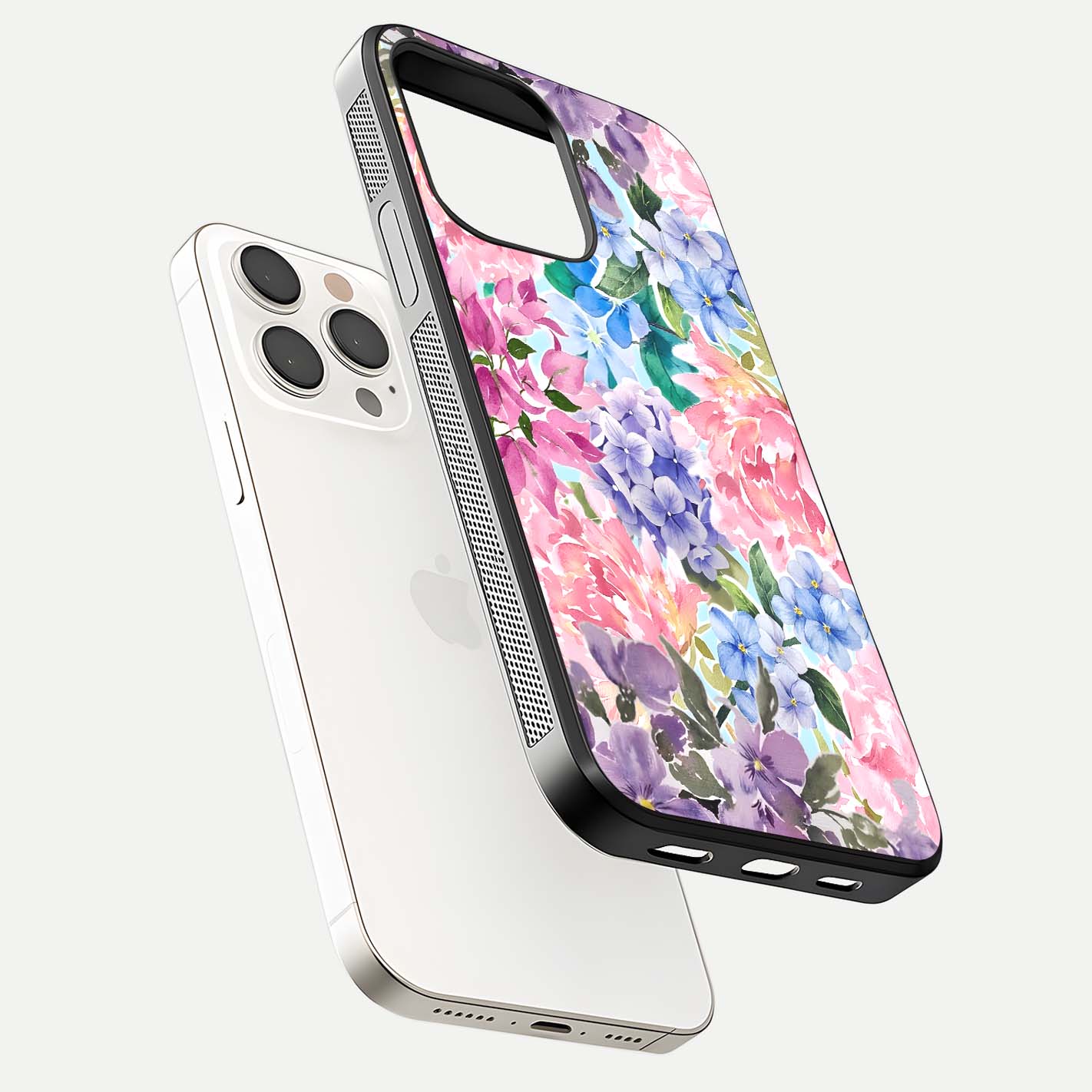 Pastel Floral Mix Glass Case for iPhone 15 Pro Max floating dual-view mockup showing HD gloss and floral texture