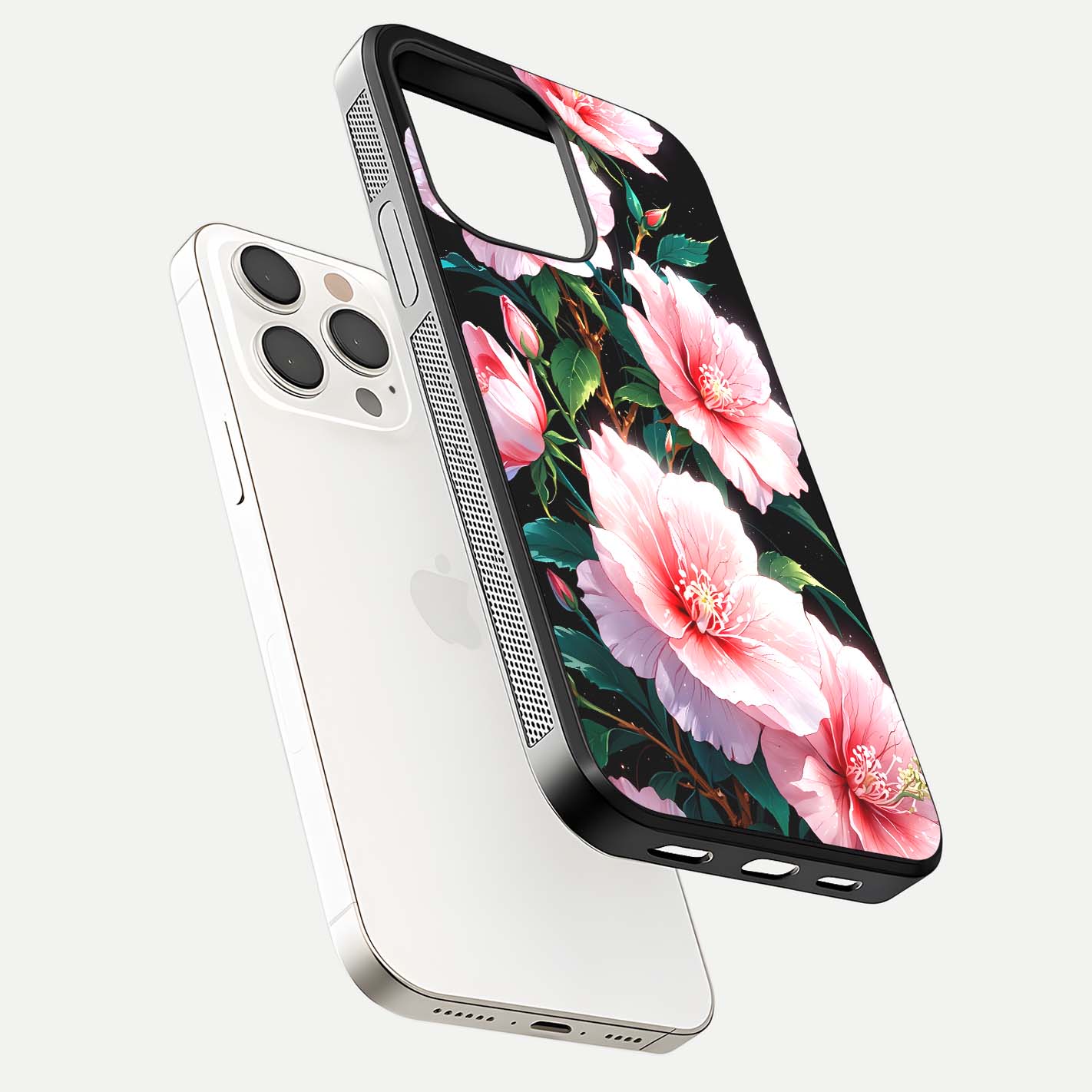 Peach Flower Glass Case for iPhone 15 Pro Max floating dual-view mockup displaying shine and delicate flower art
