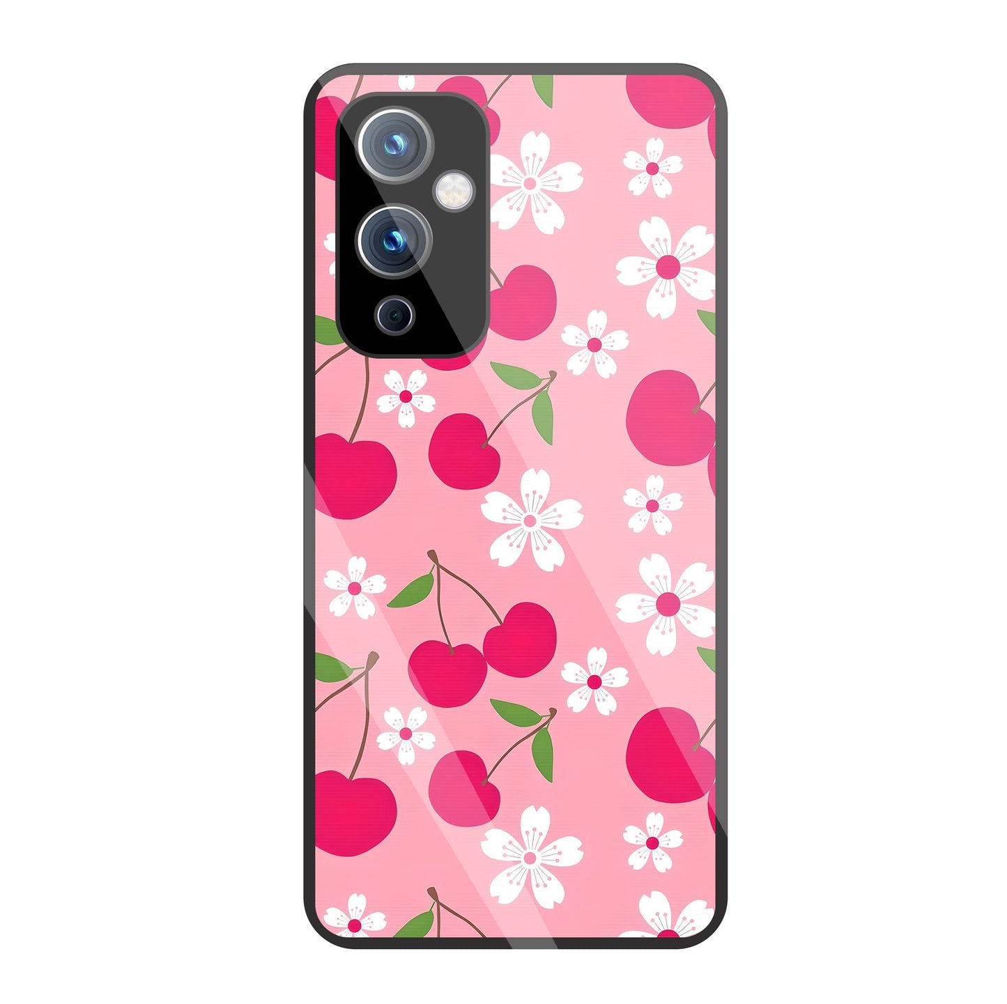 Pink Cherry With Flowers Glass Case For OnePlus 9
