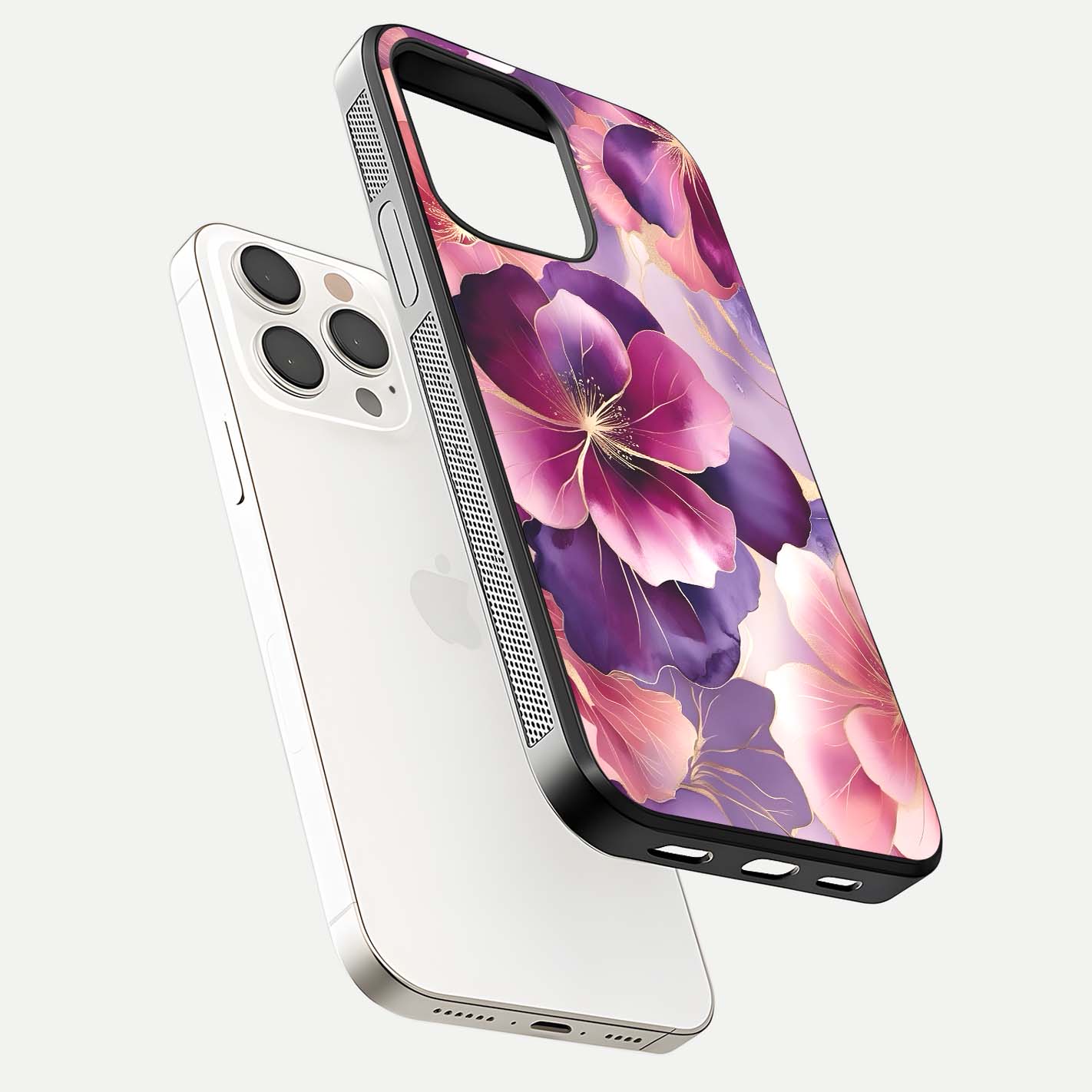 Pink Bouquet Florals Glass Case for iPhone 15 Pro Max floating dual-view mockup showing gloss surface and color depth