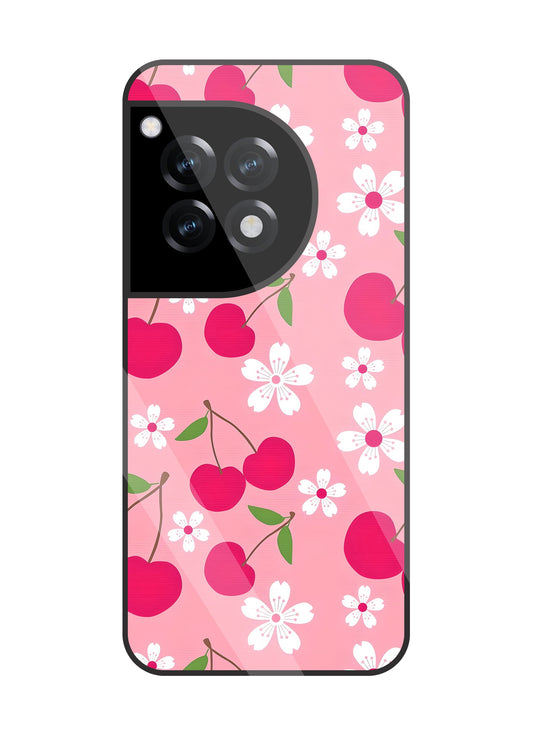 Pink Cherry With Flowers Glass Case For OnePlus 12R