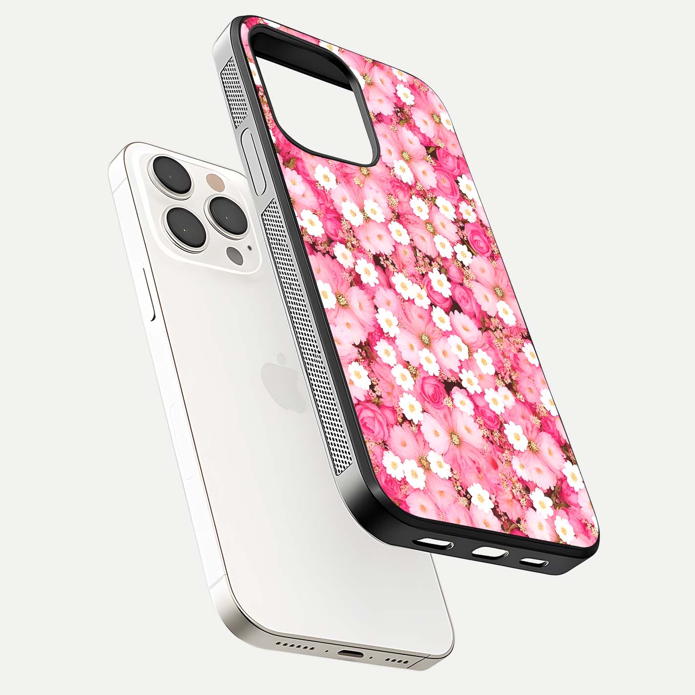 Pink Daisy Bliss Glass Case for iPhone 15 Pro Max floating dual-view mockup displaying gloss shine and pastel tones