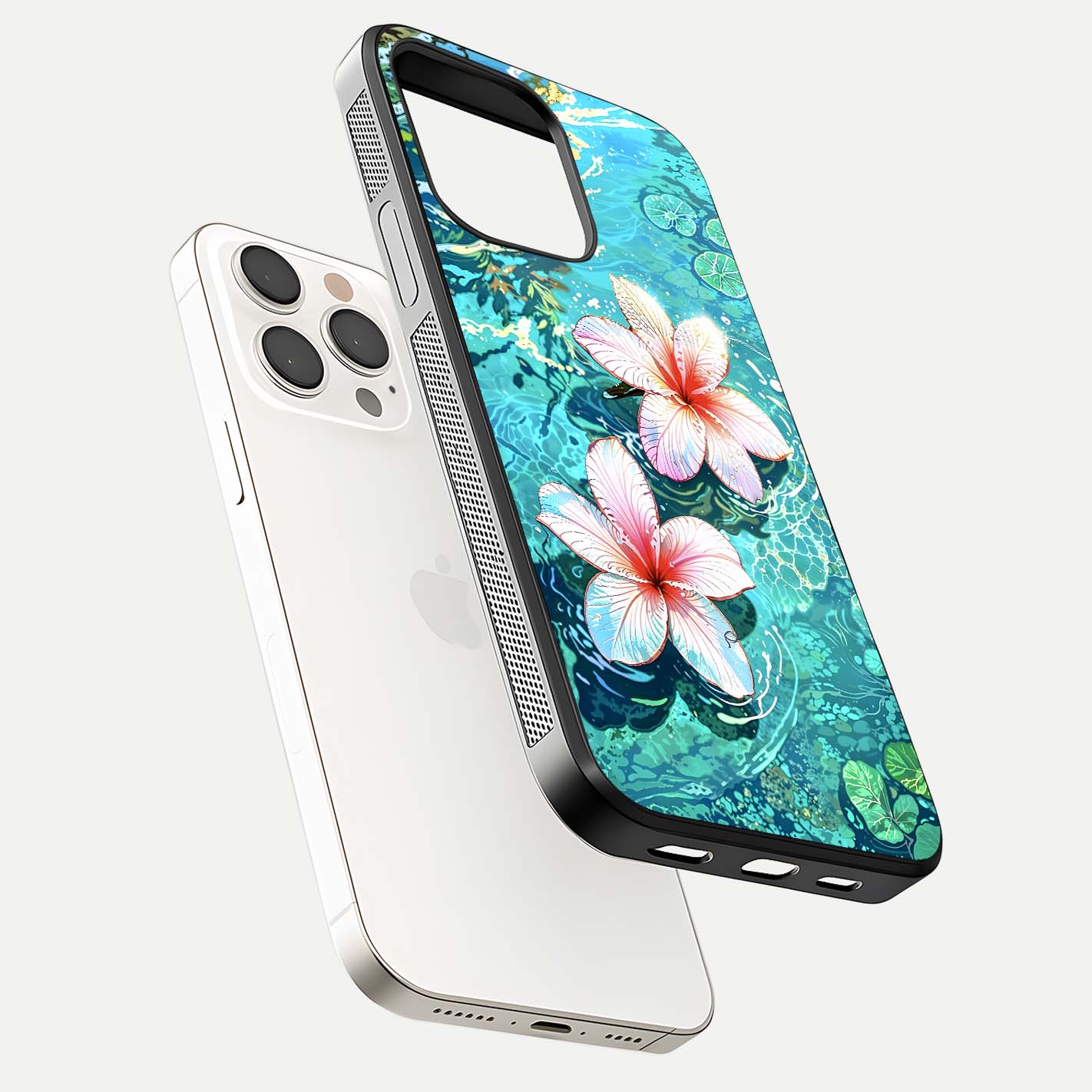 Pink Flowers in Water Glass Case for iPhone 15 Pro Max floating dual-view mockup showing gloss and floral clarity