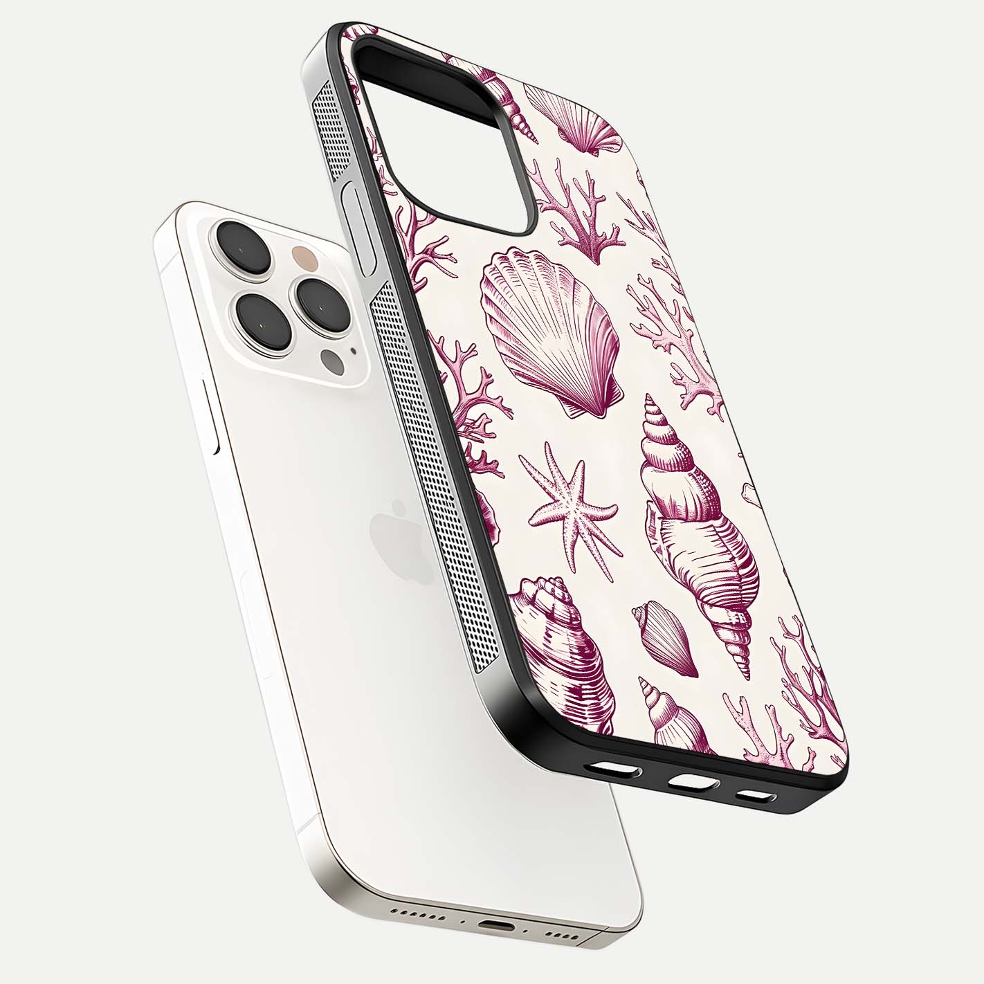 Pink Shells Outline Glass Case for iPhone 15 Pro Max floating dual-view mockup displaying gloss and ocean vibe