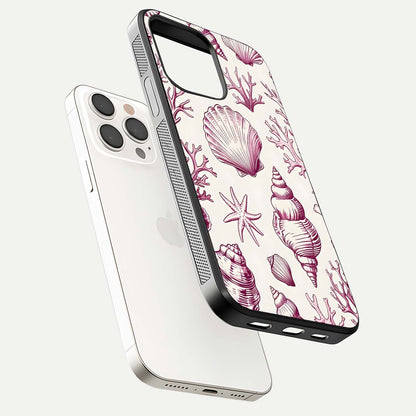 Pink Shells Outline Glass Case for iPhone 15 Pro Max floating dual-view mockup displaying gloss and ocean vibe