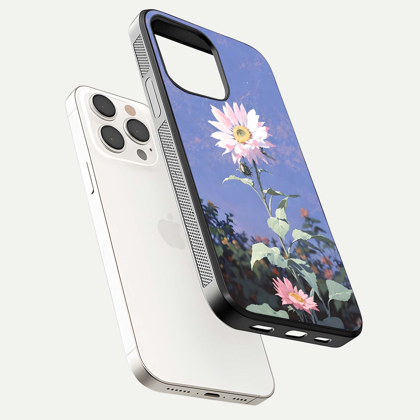 Pink Sunflower Glow Glass Case for iPhone 15 Pro Max floating dual-view mockup showing gloss reflection and design depth