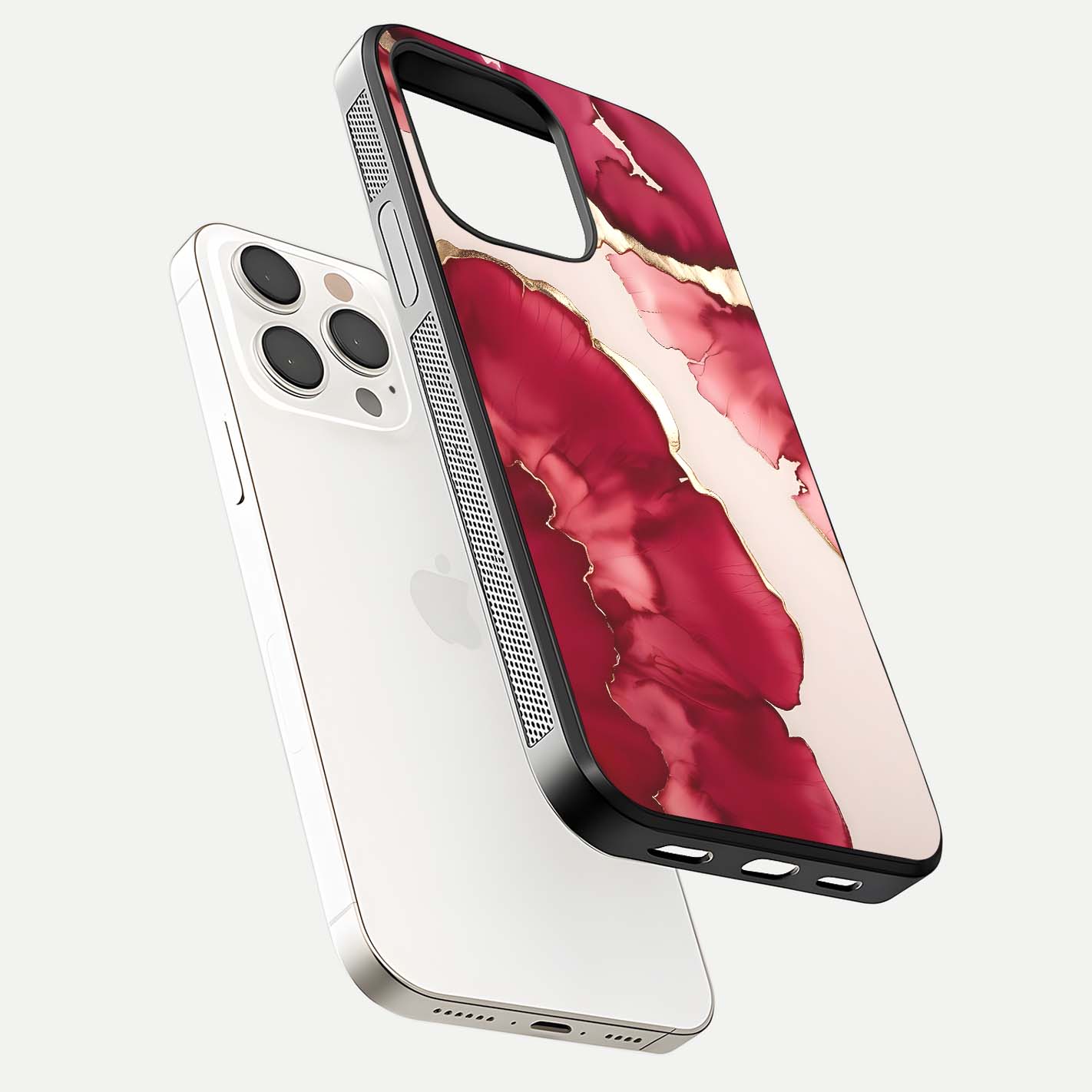 Pink & White Marble Glass Case for iPhone 15 Pro Max floating dual-view mockup showing HD gloss and subtle veins