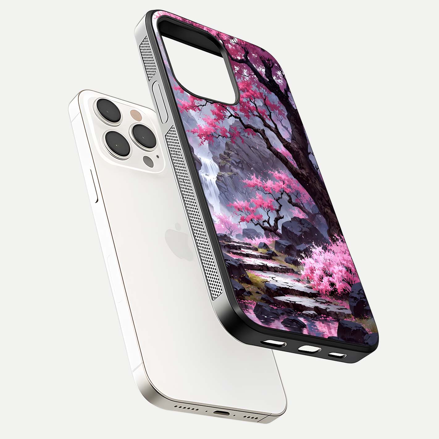 Pinkish Scenery Glass Case for iPhone 15 Pro Max floating dual-view mockup displaying gloss shine and artistic tone