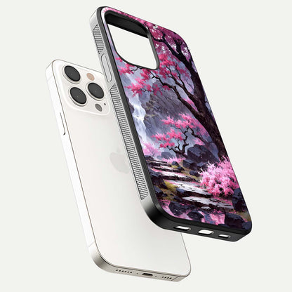 Pinkish Scenery Glass Case for iPhone 15 Pro Max floating dual-view mockup displaying gloss shine and artistic tone