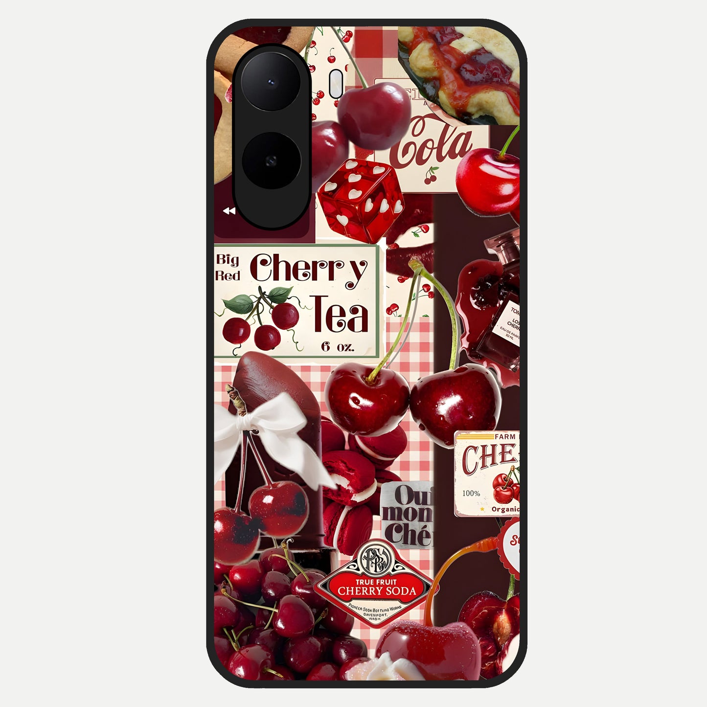  Aesthetic Cherry Tea Glass Case For Poco C85x back cover – full design glossy printed glass finish