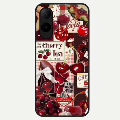  Aesthetic Cherry Tea Glass Case For Poco C85x back cover – full design glossy printed glass finish