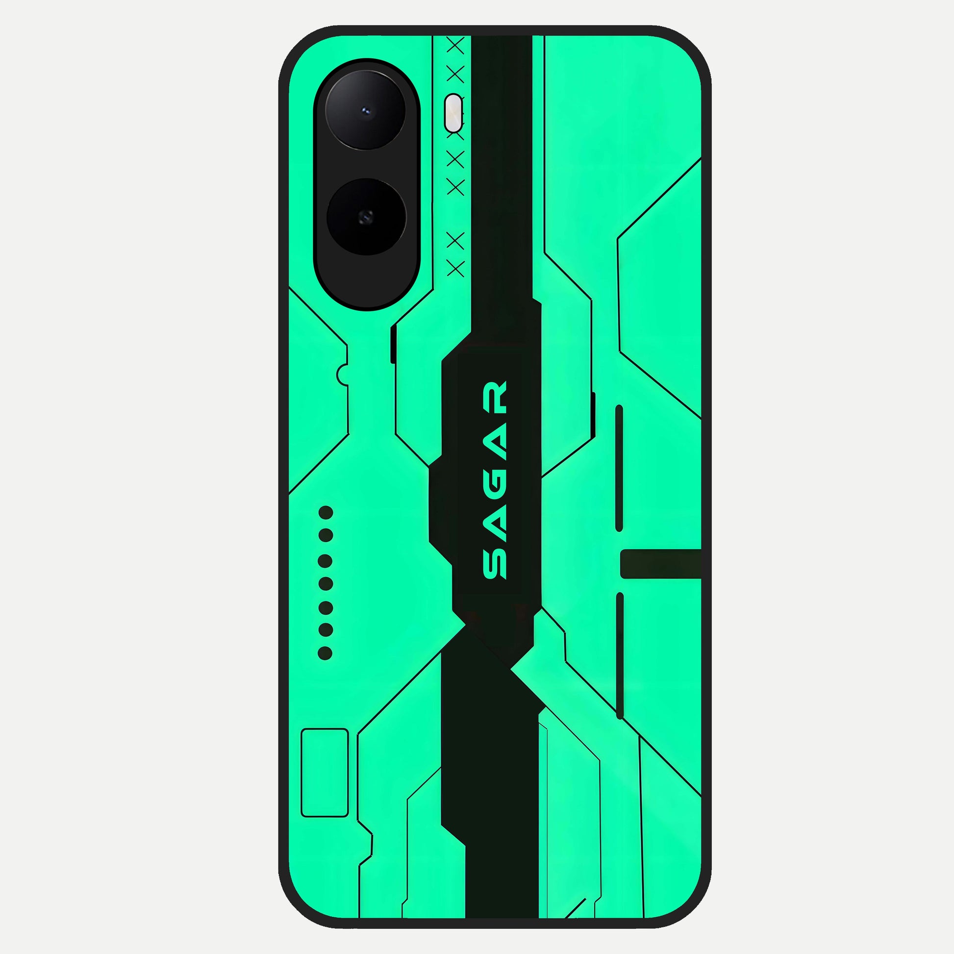  Aqua Tech CYBERPUNK Custom Name Glass Case For Poco C85x back cover – full design glossy printed glass finish