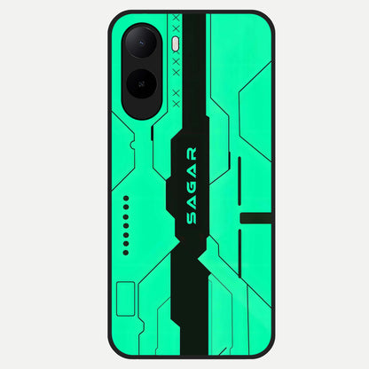  Aqua Tech CYBERPUNK Custom Name Glass Case For Poco C85x back cover – full design glossy printed glass finish