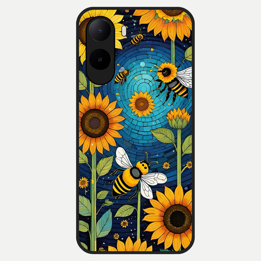  Bees And Sunflowers Glass Case For Poco C85x back cover – full design glossy printed glass finish