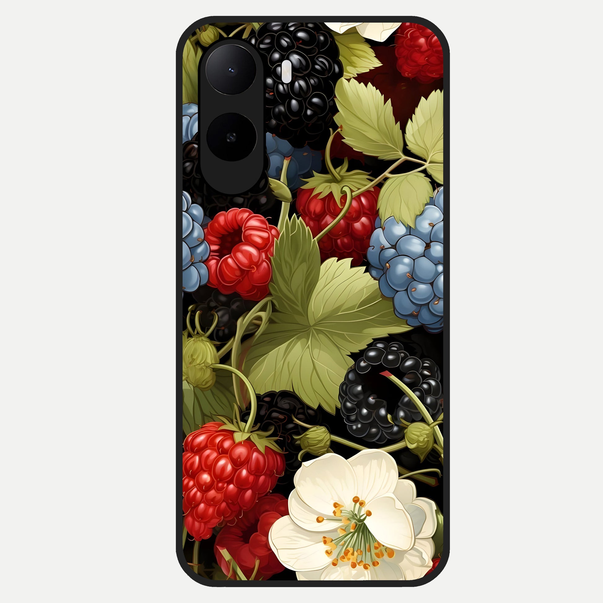  Berry Bloom Charm Glass Case For Poco C85x back cover – full design glossy printed glass finish