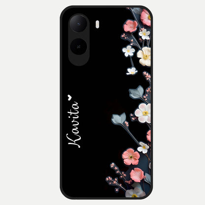  Black Elegance Floral Custom Name Glass Case For Poco C85x back cover – full design glossy printed glass finish