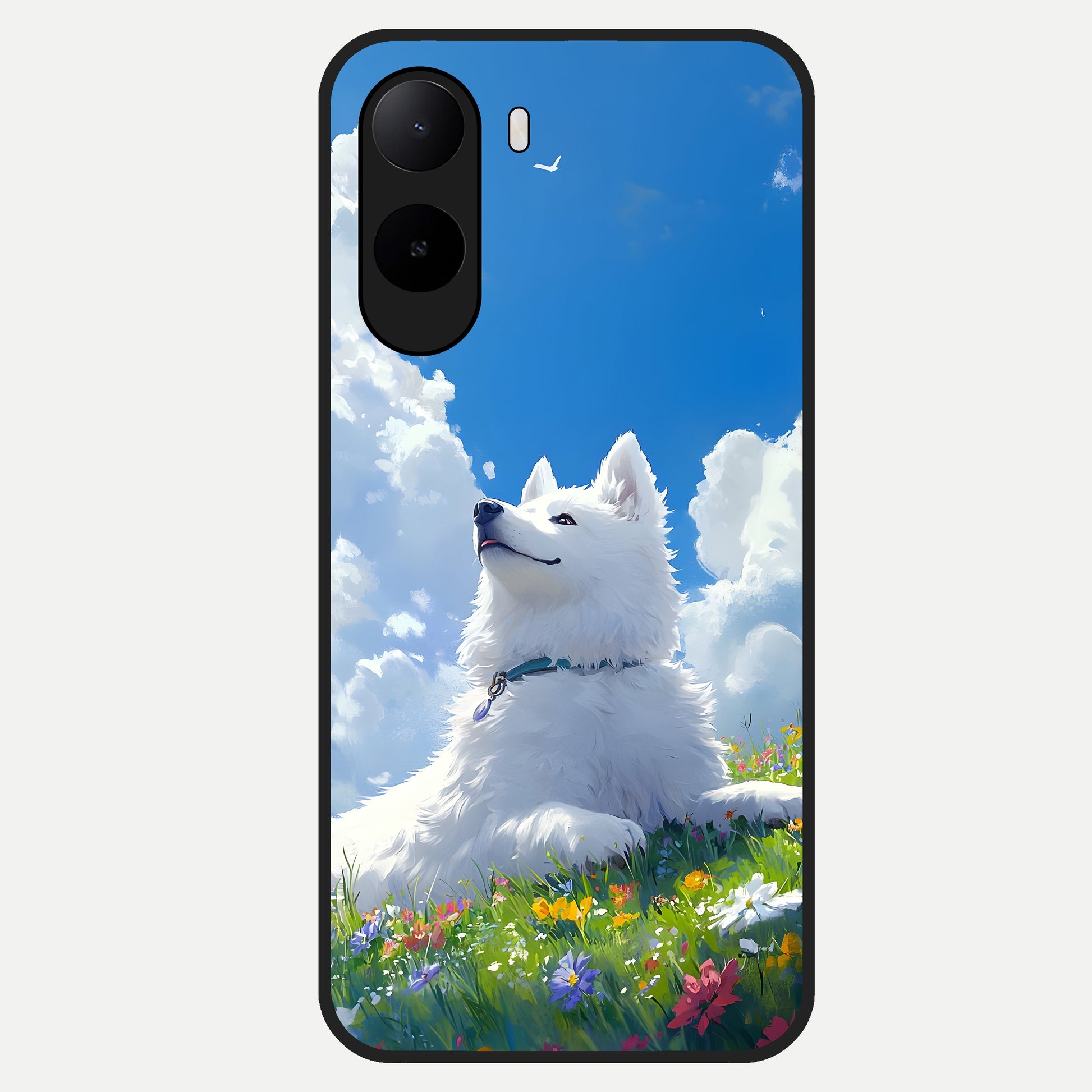  Blissful Cloud Pup Glass Case For Poco C85x back cover – full design glossy printed glass finish