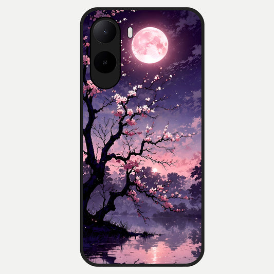  Blossom Pink Moon Glass Case For Poco C85x back cover – full design glossy printed glass finish