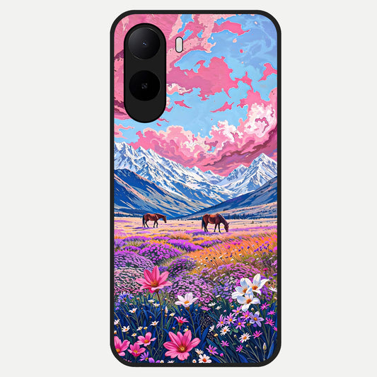  Blossom Valley Dream Glass Case For Poco C85x back cover – full design glossy printed glass finish