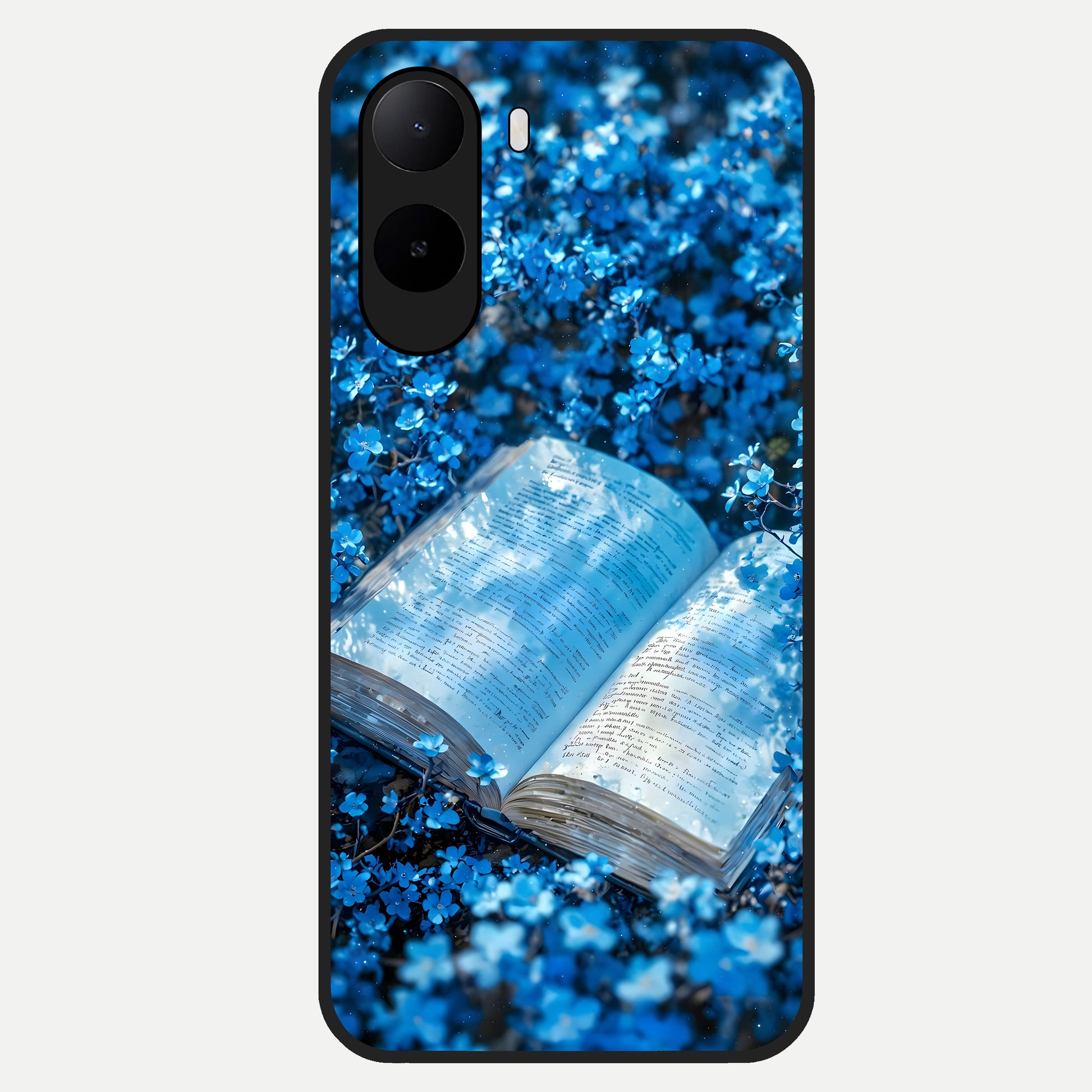  Blue Bloom Tales Glass Case For Poco C85x back cover – full design glossy printed glass finish
