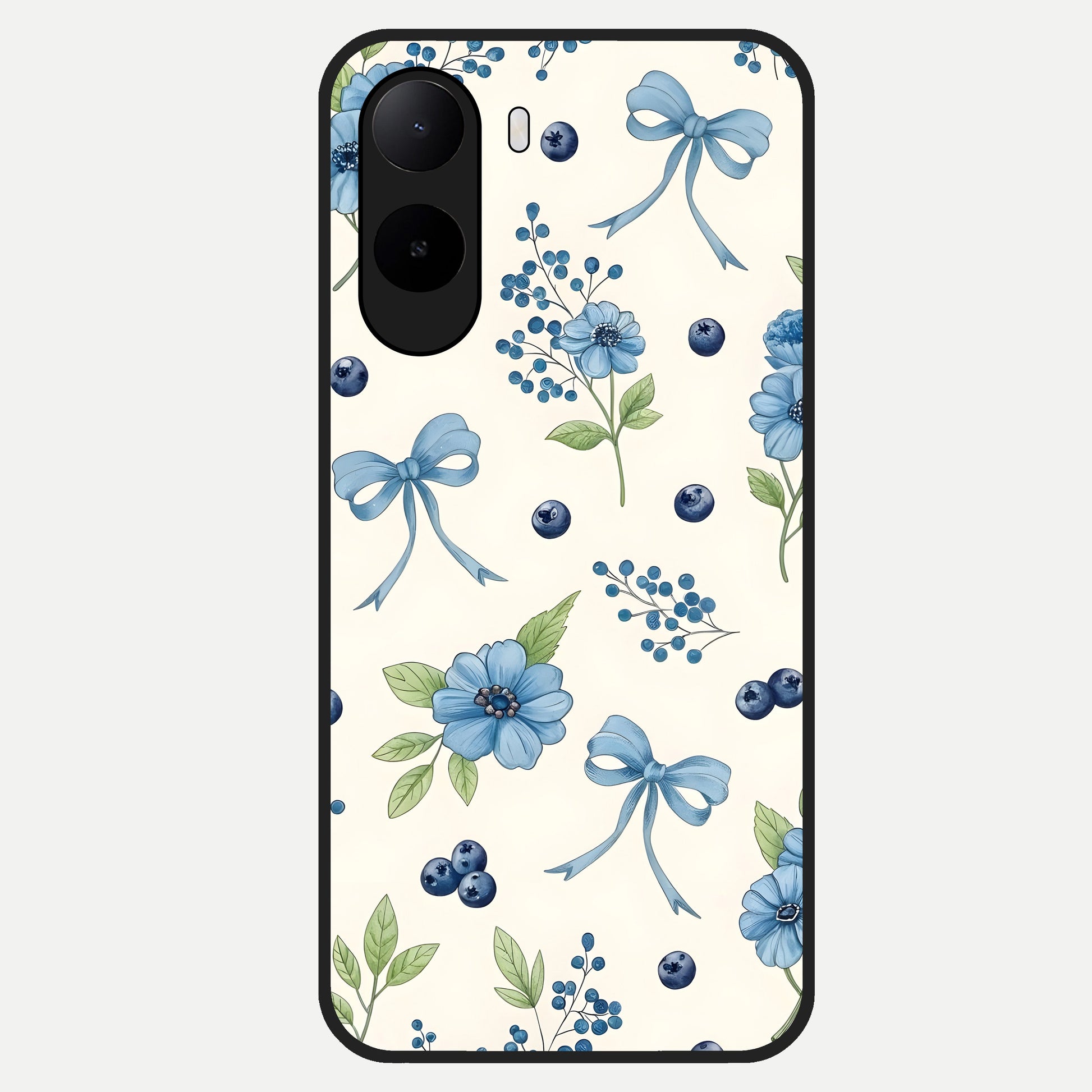  Blue Flower And Bow Glass Case For Poco C85x back cover – full design glossy printed glass finish