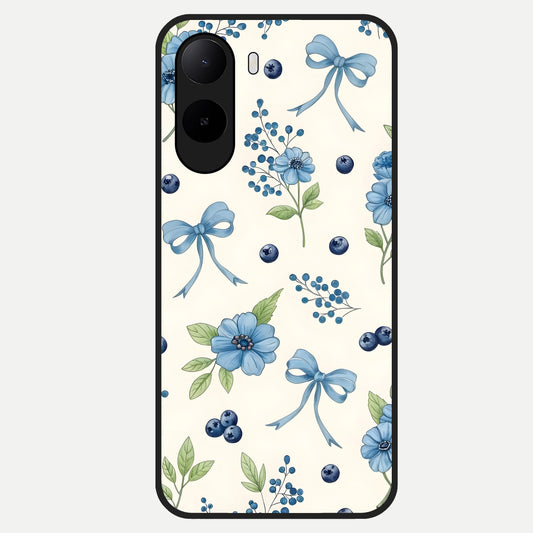  Blue Flower And Bow Glass Case For Poco C85x back cover – full design glossy printed glass finish