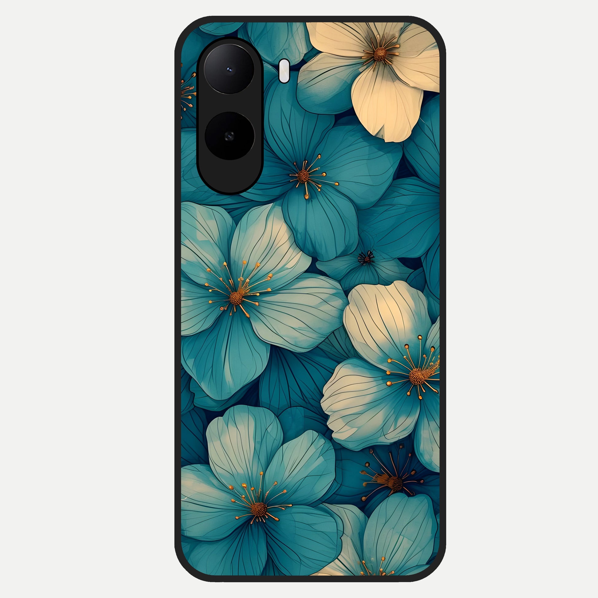  Blue Shade Floral Glass Case For Poco C85x back cover – full design glossy printed glass finish