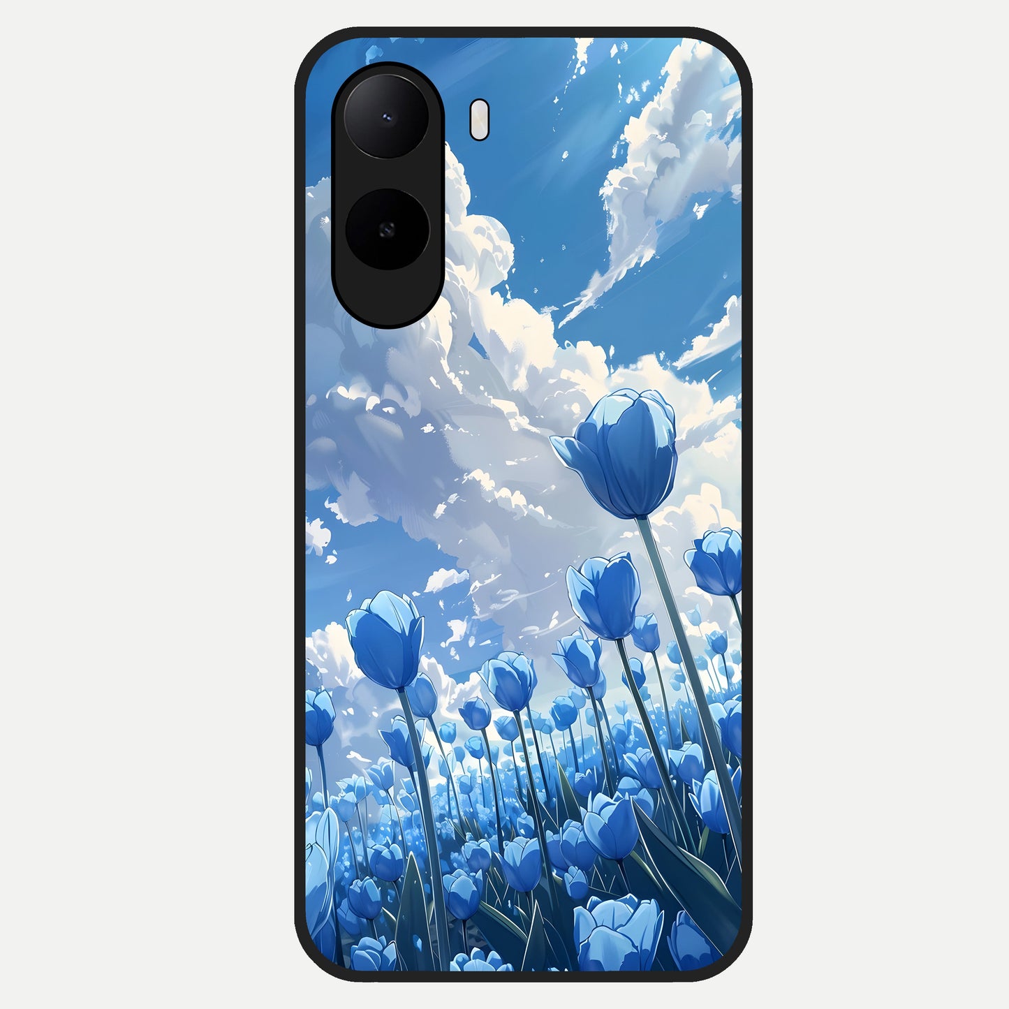  Blue Tulip Clouds Glass Case For Poco C85x back cover – full design glossy printed glass finish