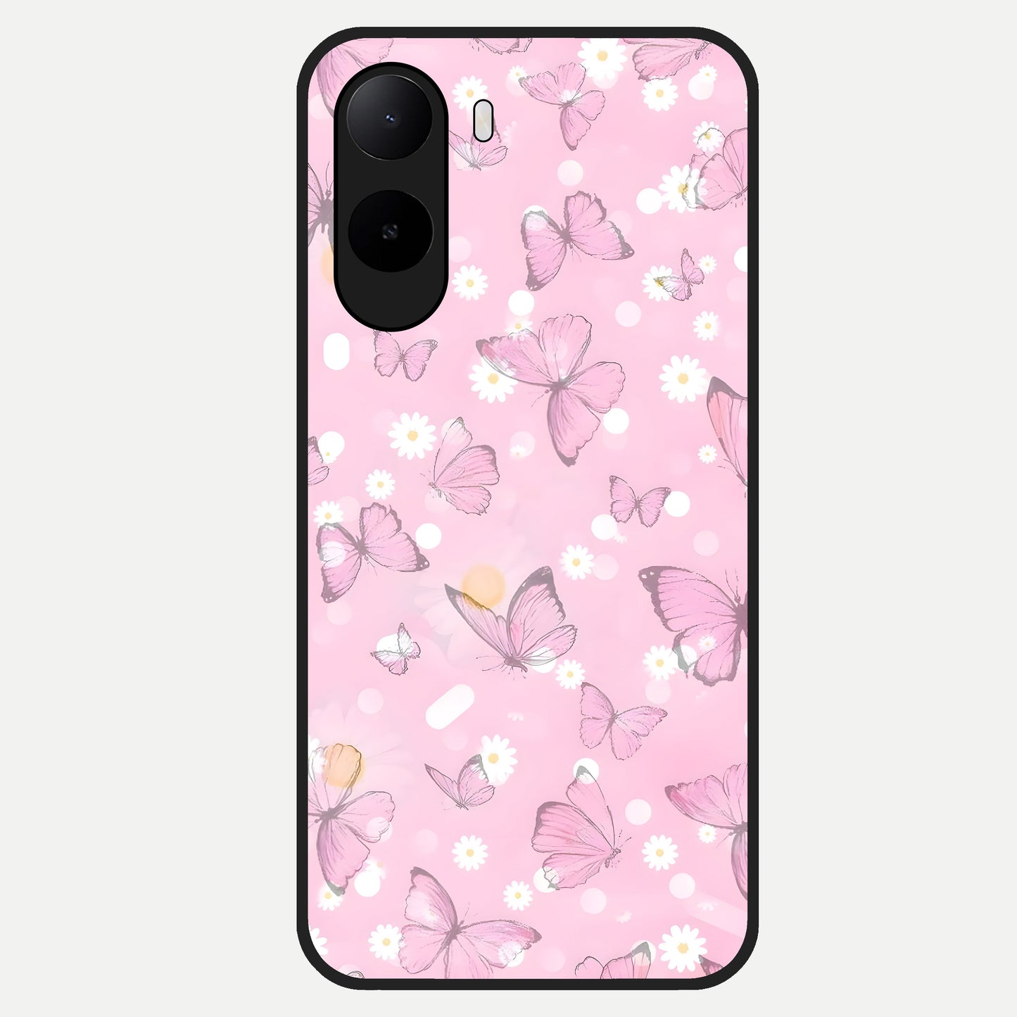  Blush Butterfly Garden Glass Case For Poco C85x back cover – full design glossy printed glass finish