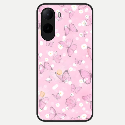  Blush Butterfly Garden Glass Case For Poco C85x back cover – full design glossy printed glass finish