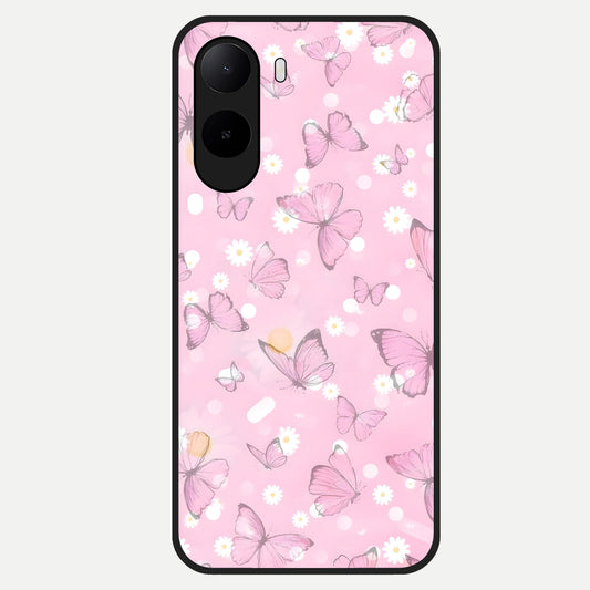  Blush Butterfly Garden Glass Case For Poco C85x back cover – full design glossy printed glass finish