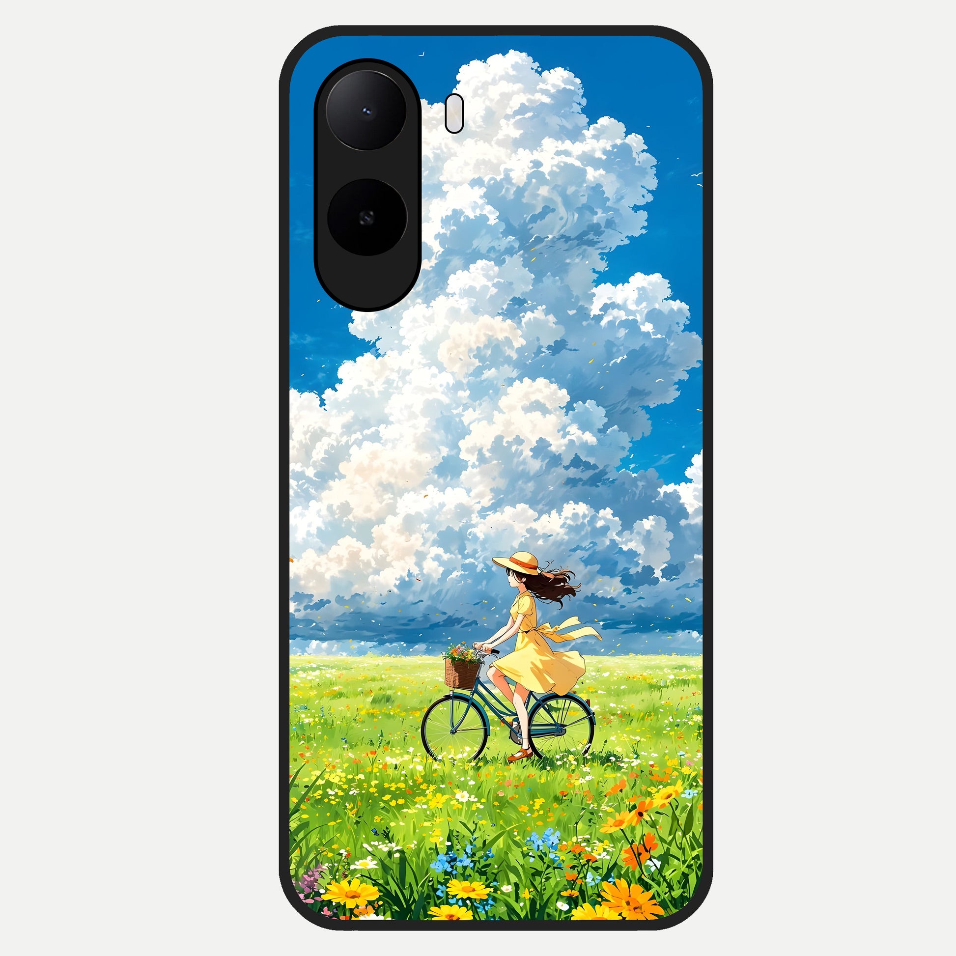  Breezy Meadow Ride Glass Case For Poco C85x back cover – full design glossy printed glass finish