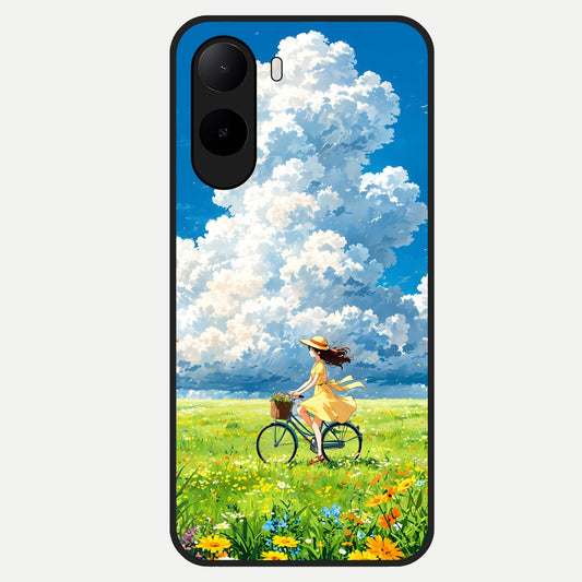  Breezy Meadow Ride Glass Case For Poco C85x back cover – full design glossy printed glass finish