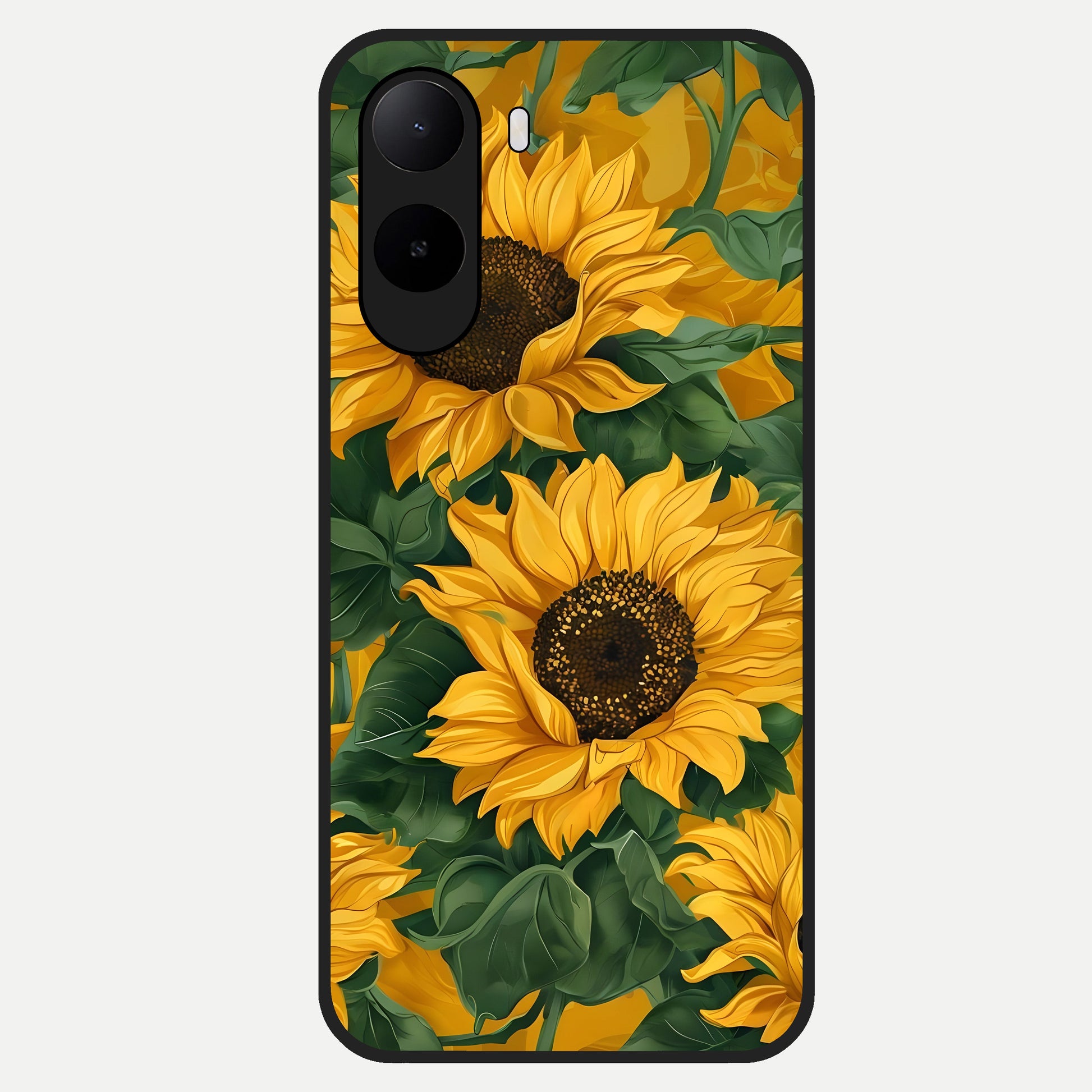  Bright Sunflower Bloom Glass Case For Poco C85x back cover – full design glossy printed glass finish