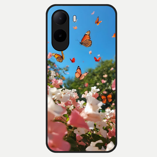  Butterflies In Bloom Sky Glass Case For Poco C85x back cover – full design glossy printed glass finish