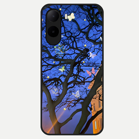  Butterfly Night Magic Glass Case For Poco C85x back cover – full design glossy printed glass finish