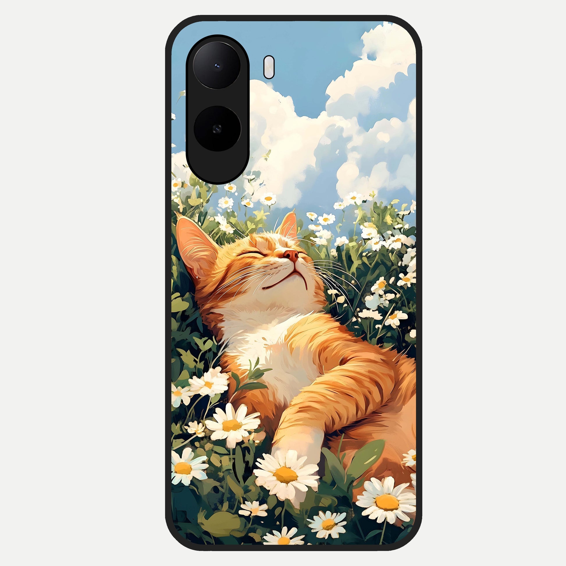  Cat And Flowers View Glass Case For Poco C85x back cover – full design glossy printed glass finish