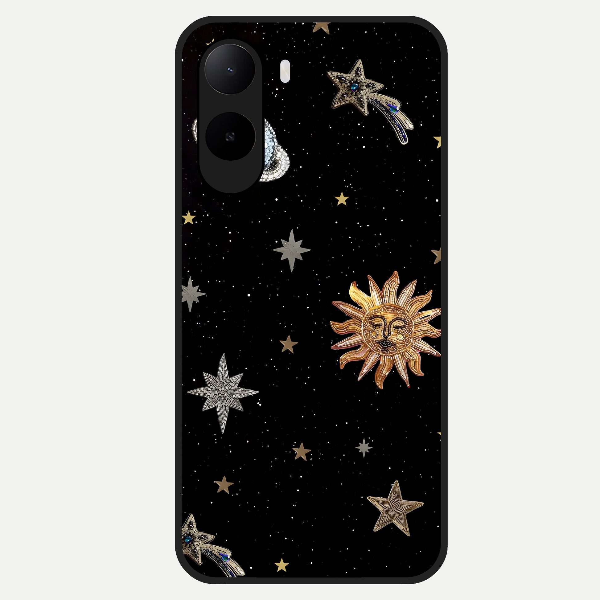  Celestial Moon With Stars Glass Case For Poco C85x back cover – full design glossy printed glass finish