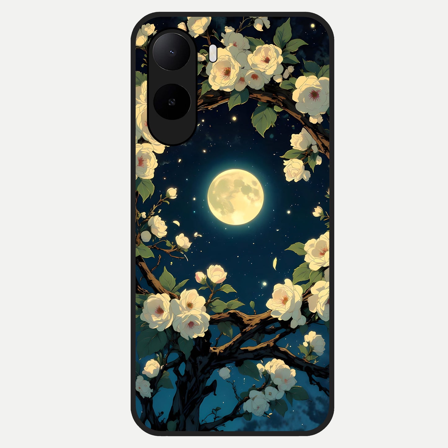  Celestial Moon And Flower Glass Case For Poco C85x back cover – full design glossy printed glass finish