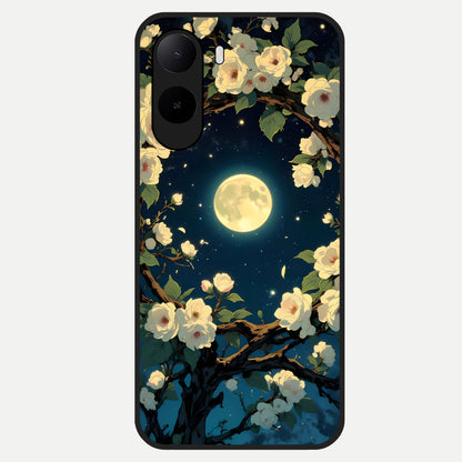  Celestial Moon And Flower Glass Case For Poco C85x back cover – full design glossy printed glass finish