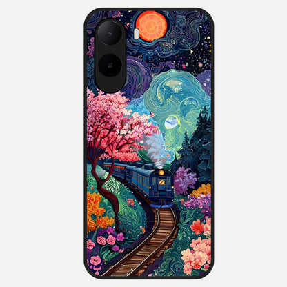  Celestial Train Journey Glass Case For Poco C85x back cover – full design glossy printed glass finish