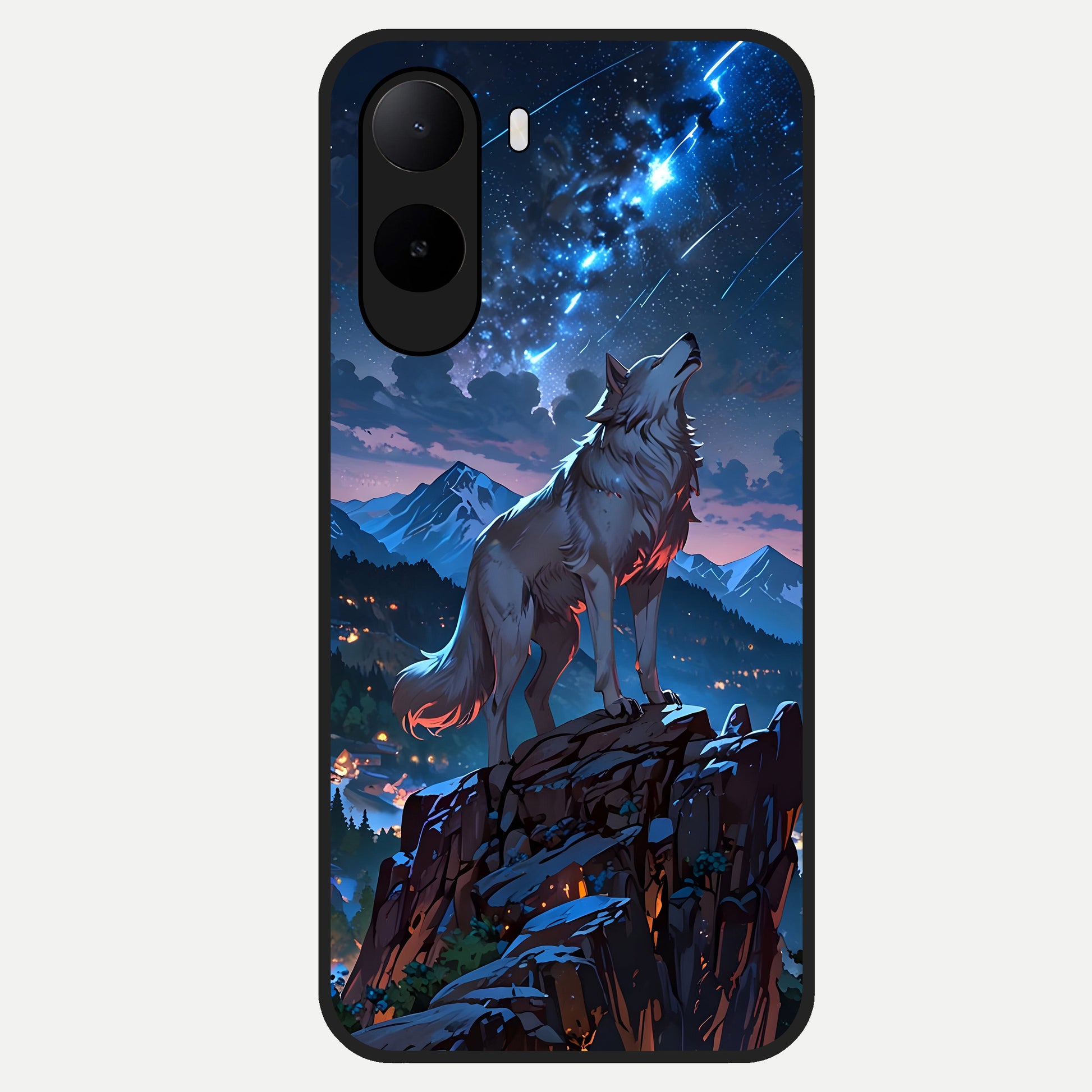  Celestial Wolf Howl Glass Case For Poco C85x back cover – full design glossy printed glass finish