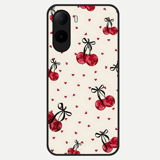  Cherry Heart Bow Glass Case For Poco C85x back cover – full design glossy printed glass finish
