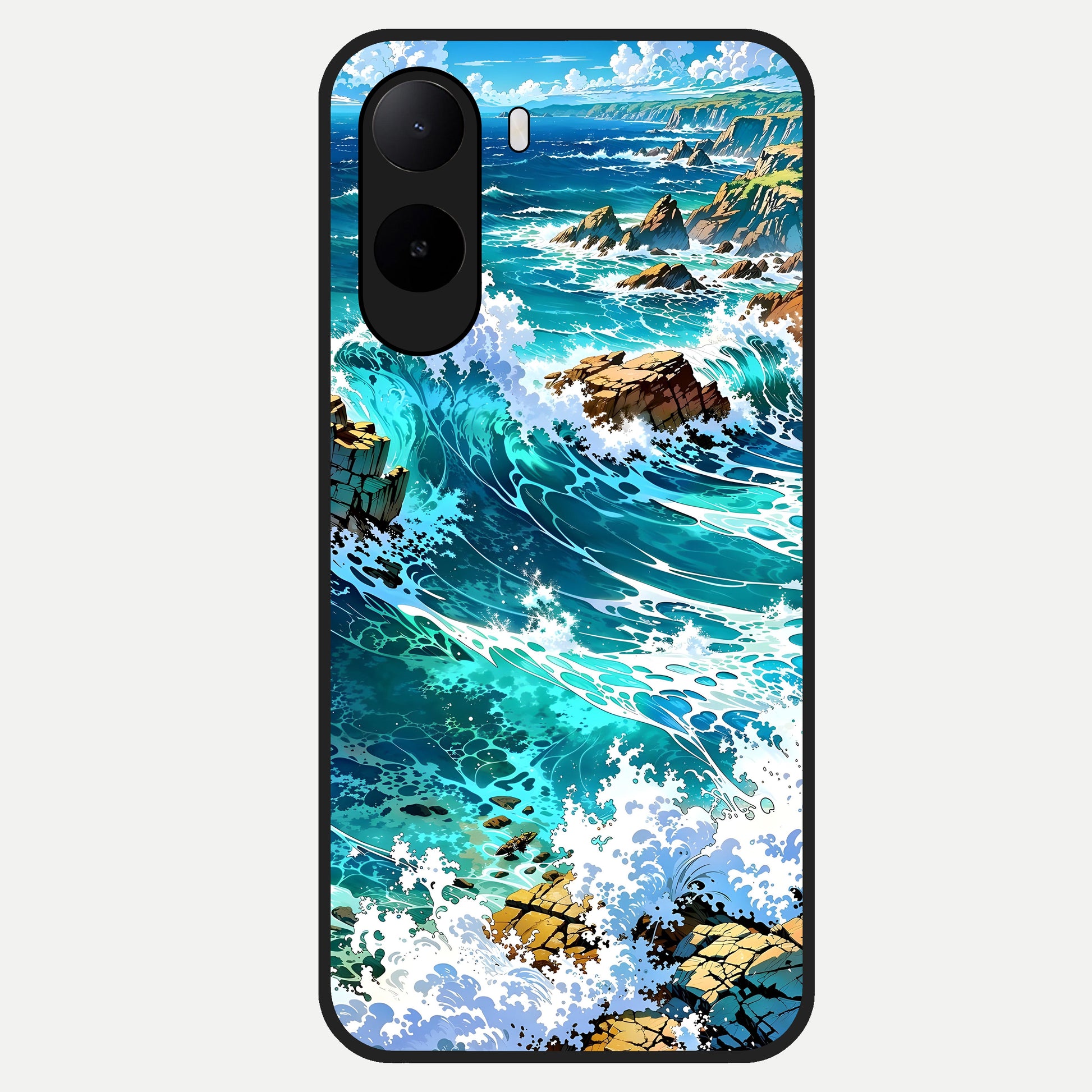  Coastal Blue Waves Glass Case For Poco C85x back cover – full design glossy printed glass finish